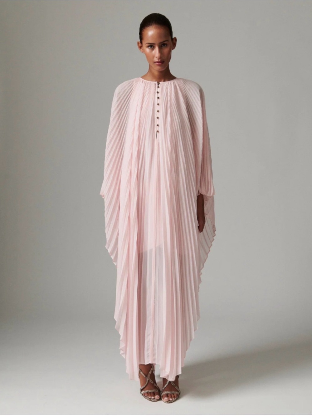 Day Pleated Light Pink Maxi fringe flowy Dress with Button-Front Detail